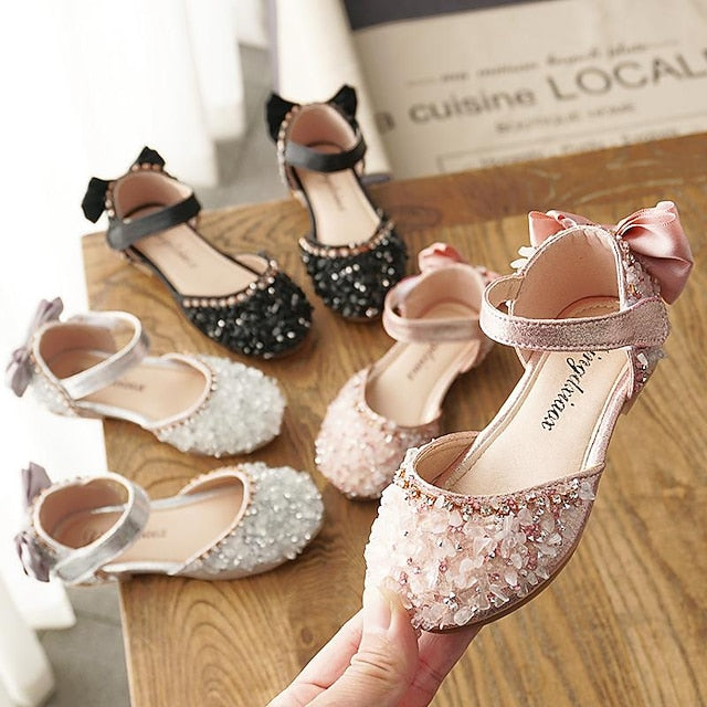 Sparkly and Flower with Bow Girls' Crystal Satin Shoes Girl