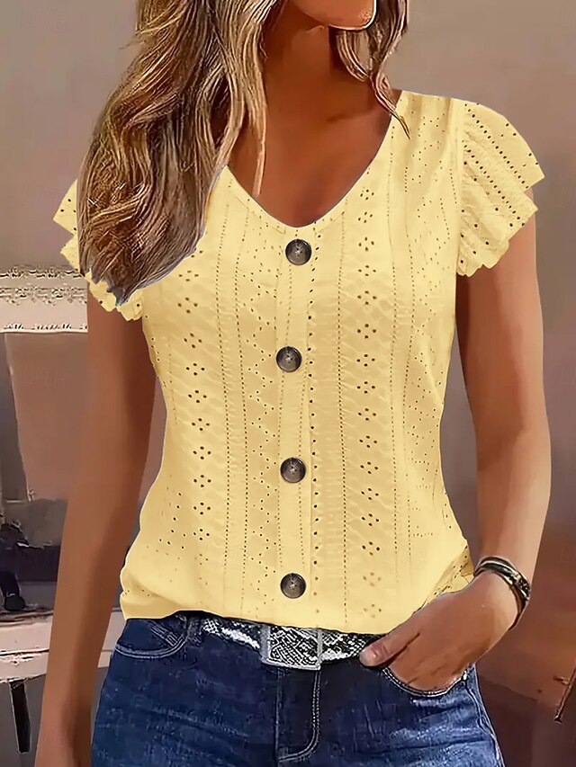 Women's T Shirt Tee Top Ruffle Eyelet Buttons Plain Fashion