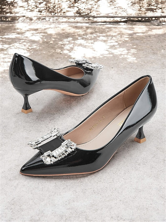 with Crystal Leather Patent Black Pumps Women's Embellished