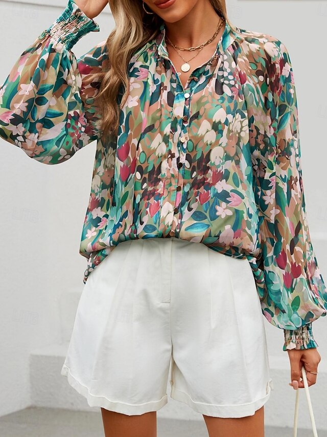 Women's Blouse Buttons Print Graphic Color Block Stylish