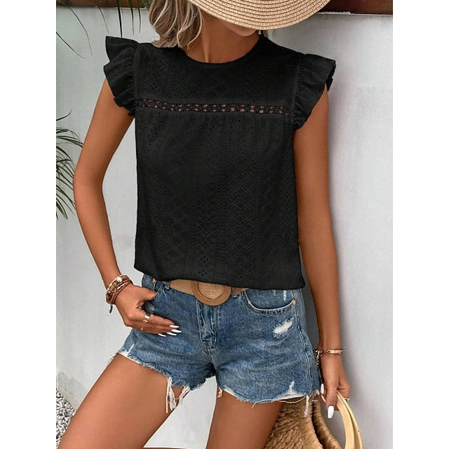 Women's T Shirt Tee Top Ruffle Eyelet Plain Fashion Stylish