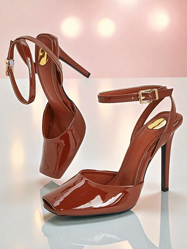 Leather Heels Peep High - Women's Toe Patent Green Dark