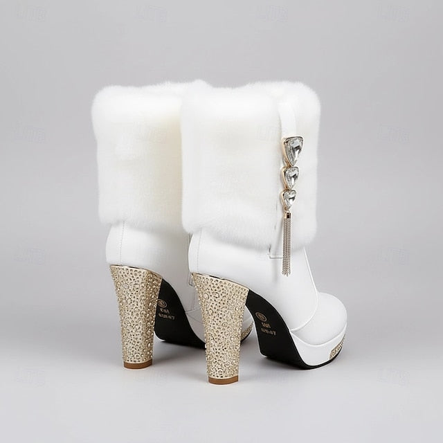 Ankle White Faux Boots - Rhinestone Fur Heels with Women's