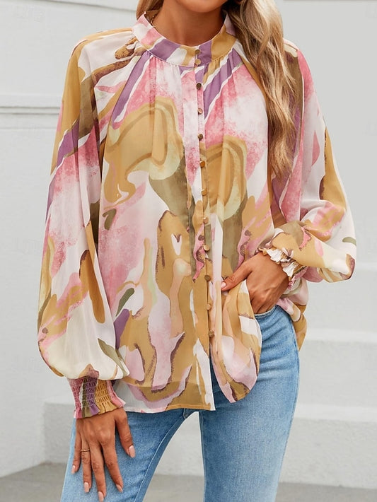 Women's Blouse Buttons Print Graphic Color Block Stylish