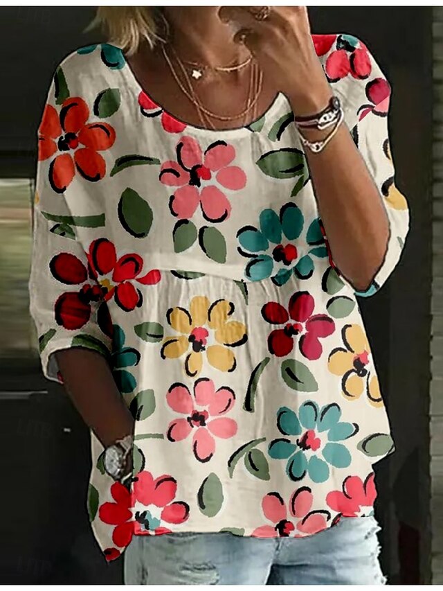 Women's Blouse Print Floral Stylish 3/4 Length Sleeve Crew