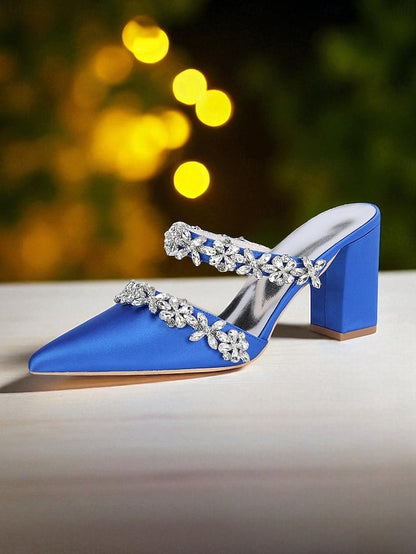 Black Satin Women's Rhinestone Mules Floral with Block Heel