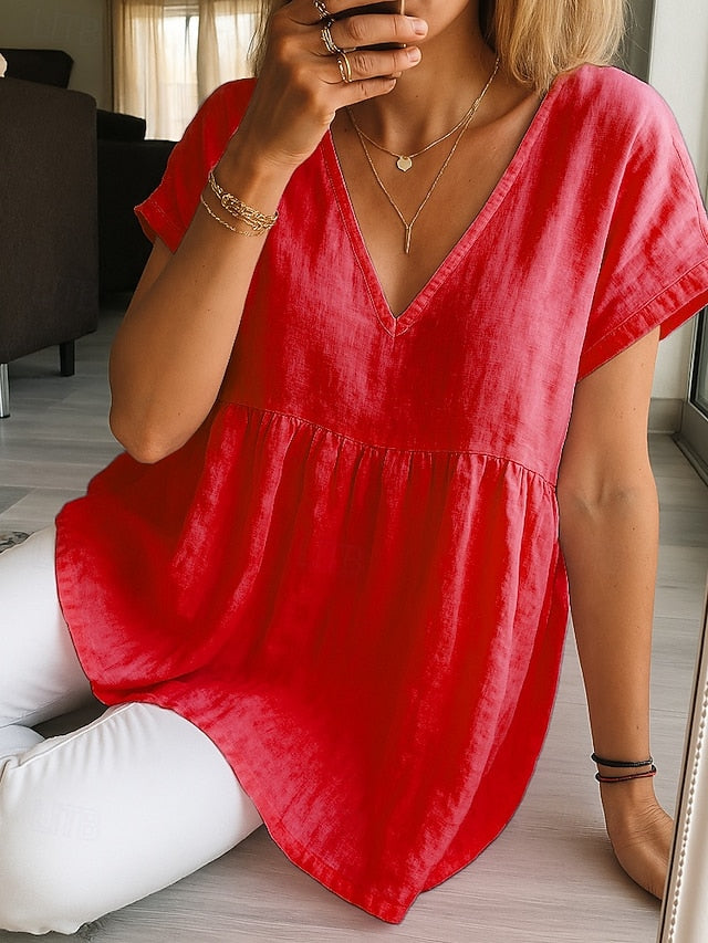 Women's Cotton Blend Summer Tops Casual Short Sleeve V Neck