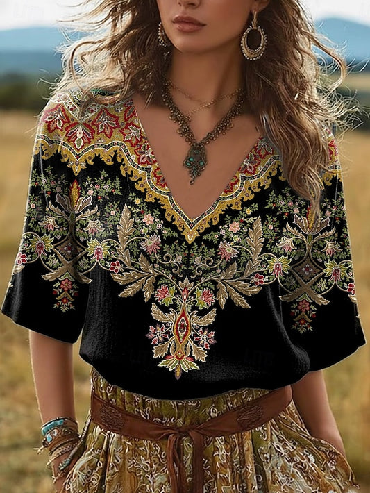 Women's Linen Like Faux Cotton Linen Boho T Shirt Floral