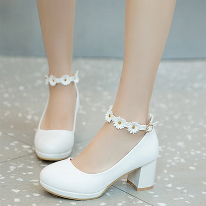 with Ankle Shoes Block White Daisy Flower Heel Girls'