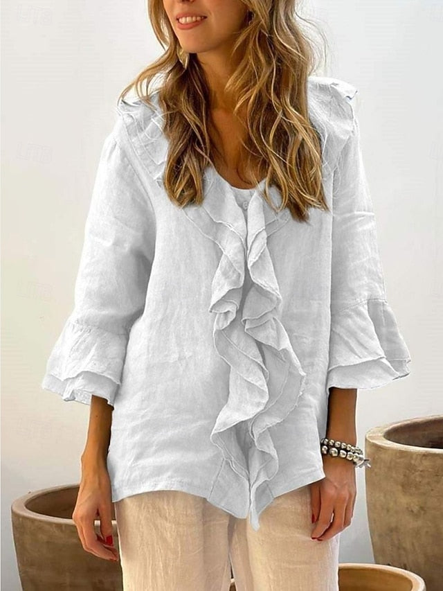 Women's Summer Shirt Casual Shirt Blouse Ruffle Solid Color
