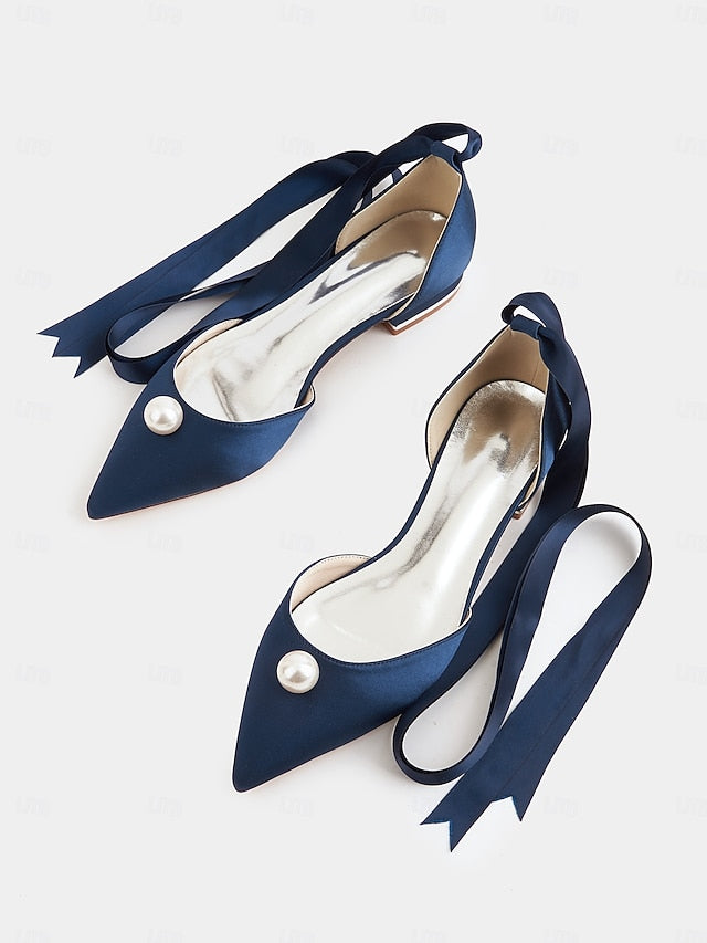 Satin Toe Embellished Pearl - Flats Pointed Women's Navy
