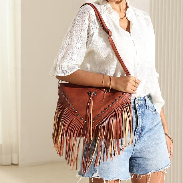 Style Leather with Women's Fringe Crossbody Bohemian Bag