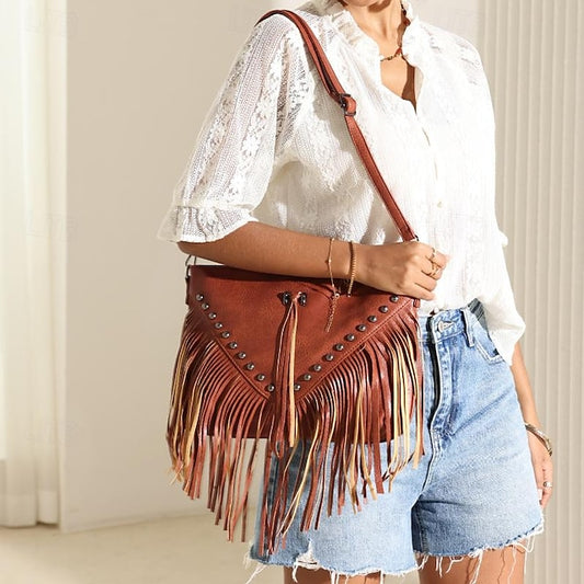 Style Leather with Women's Fringe Crossbody Bohemian Bag