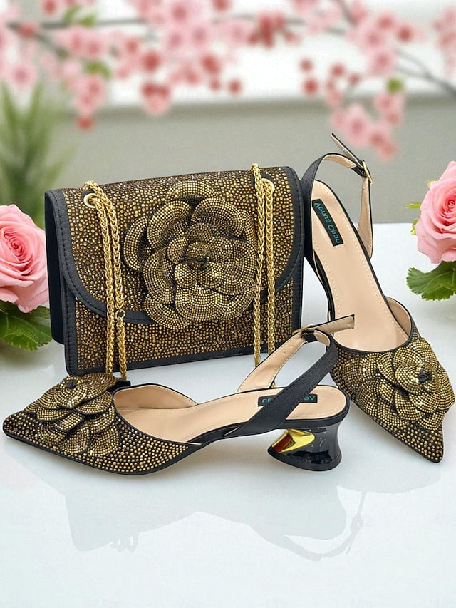 Gold Matching Women's Pumps Rhinestone with Slingback