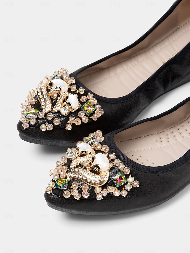 with Foldable Women's Black Ballet Flats Rhinestone