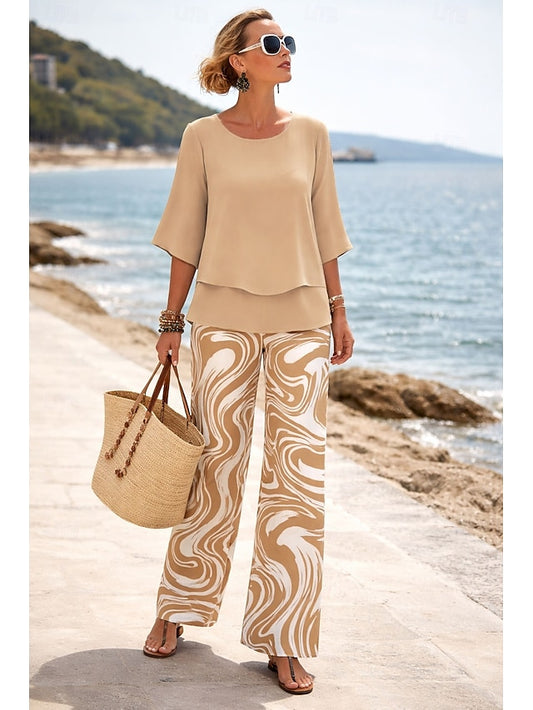 Women's Pants Sets Half Sleeve Butterfly Sleeve Round Neck