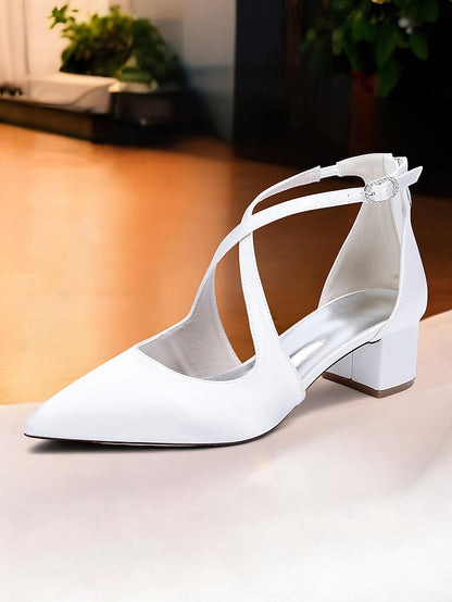 Women's Heels Ivory Elegant Pointed Satin Block Toe -