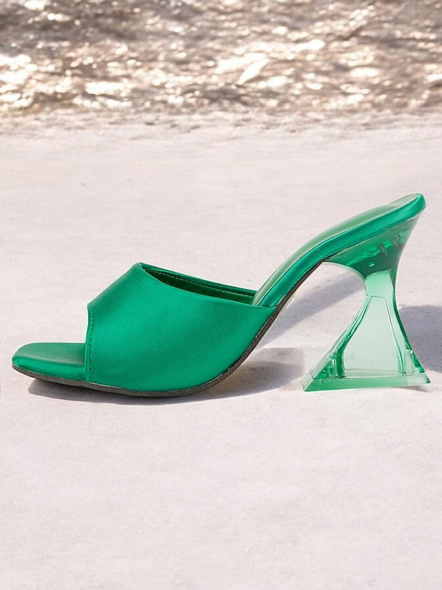 Transparent Satin Open-Toe Green Mules Block for with Heels