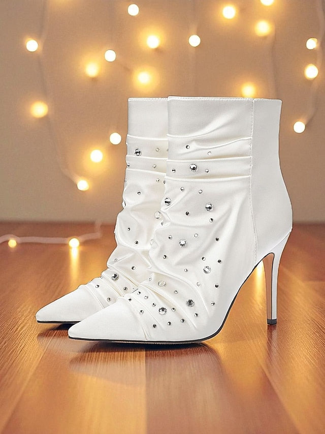 Rhinestone White with Satin Women's Ankle Boots