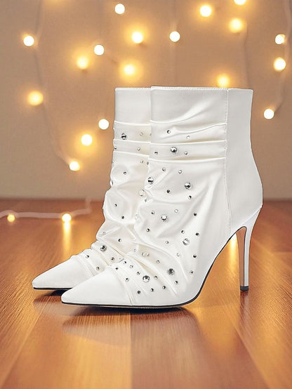 Rhinestone White with Satin Women's Ankle Boots