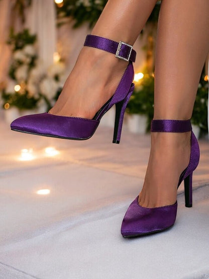 – Strap Purple Satin Ankle Heels Pointed Toe Women's