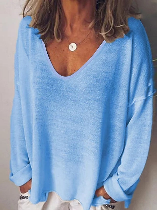 Women's Blouse Solid Color Stylish Casual Long Sleeve V