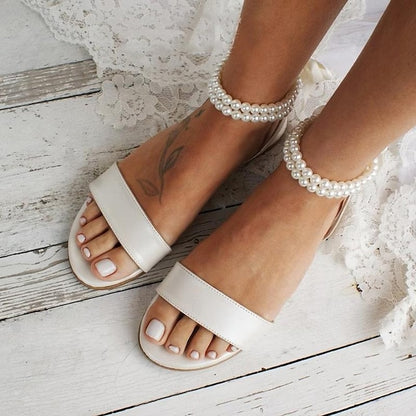 with Ankle Sandals Strap Flat Women's Pearl White –