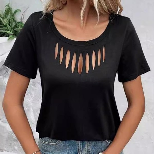 Shirt T Color Elegant Out Women's Cut top Eyelet Solid