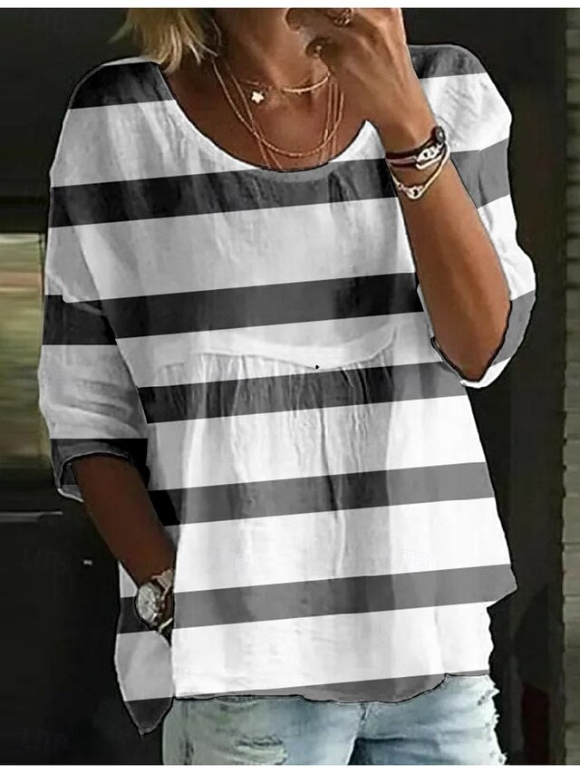 Women's Blouse Print Striped Stylish 3/4 Length Sleeve Crew