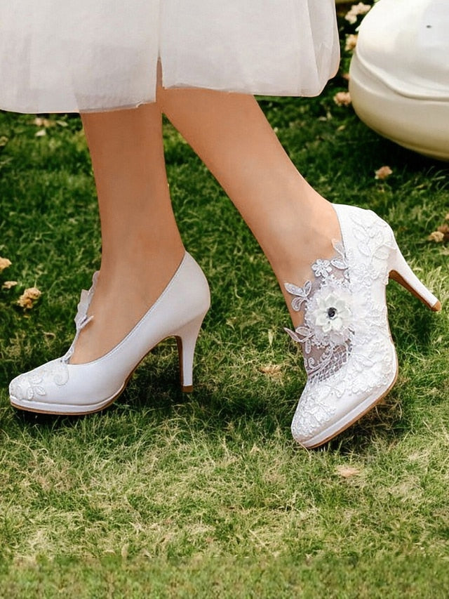 Embellishments Heel High Floral White Bridal Shoes Lace with –