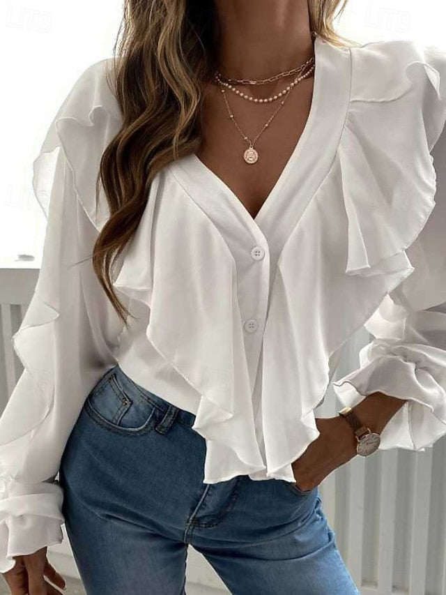 Women's Casual Shirt Blouse Chiffon Tops Ruffle Buttons