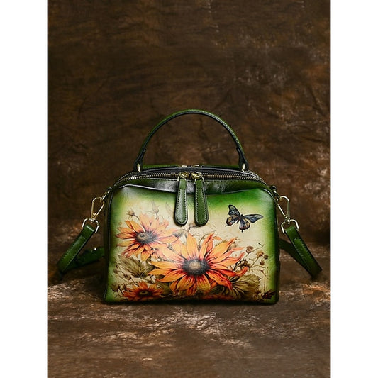 – Sunflower Print Vintage with Handbag Leather and Butterfly