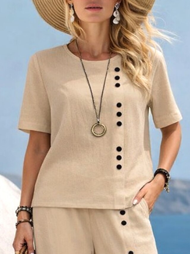 Women's Cotton Linen Sets Pants Sets Bolero Top Half Sleeve