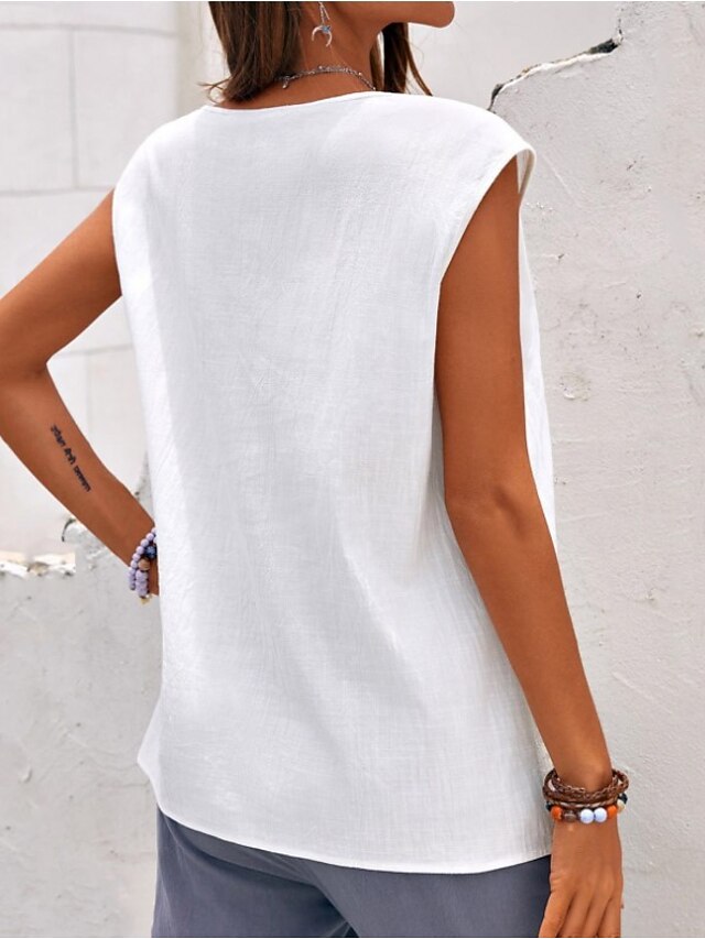 Women's Tank Top Faux Cotton Linen Buttons Plain Hawaiian