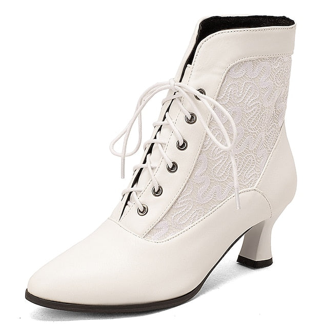 Embroidered with Women's Panels Lace-Up Ankle Boots White