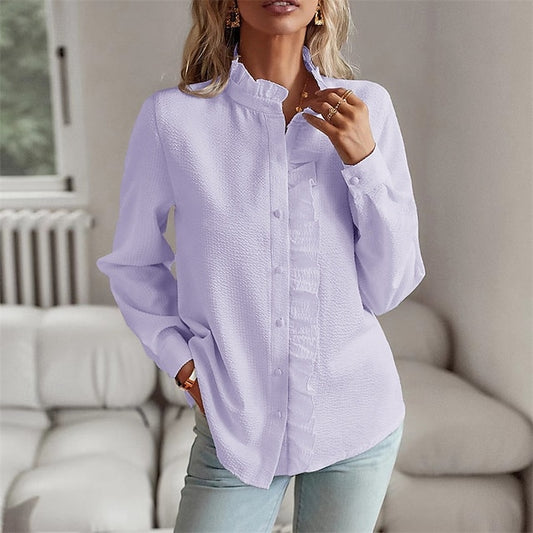 Women's Blouse Dressy Tops Ruched Ruffle Buttons Plain