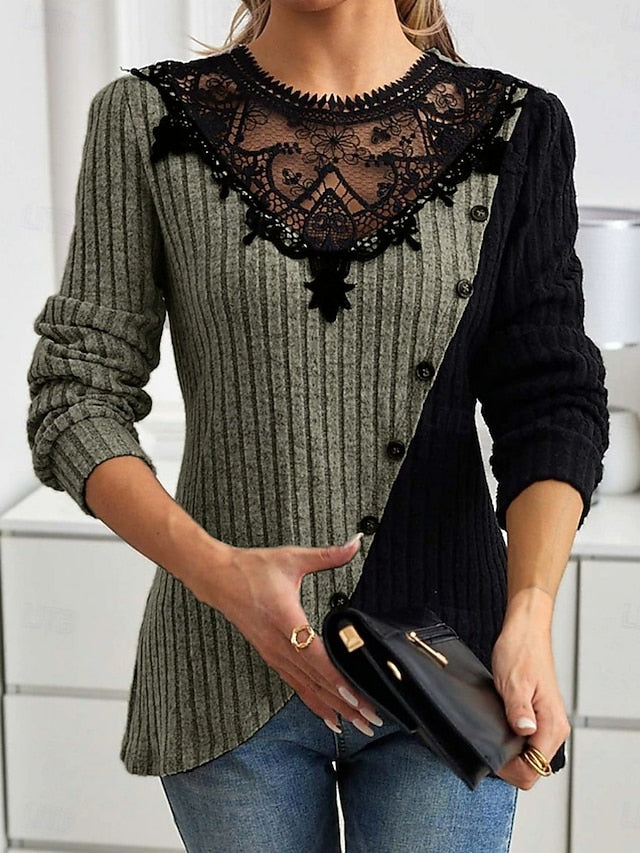 Women's Blouse Lace Patchwork Solid Color Elegant Stylish