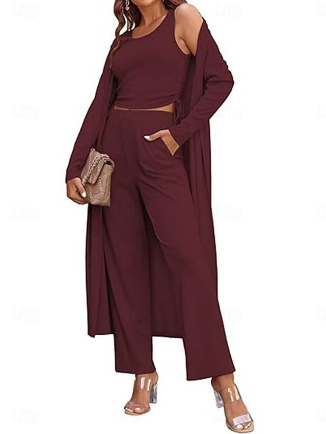 Women's Pants Sets Long Sleeve Round Neck Solid Color