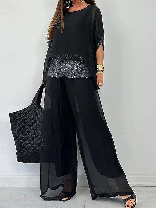 Women's Blouse Pants Trousers 3/4 Length Sleeve Round Neck