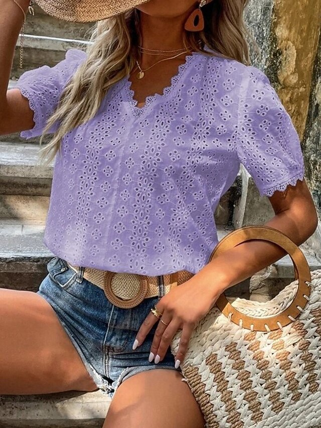 Women's Lace Splicing Top Blouse Lace Buttons Solid Color