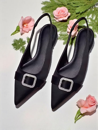 Buckle with Women's Rhinestone Pink Satin Flats Slingback