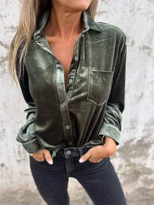 Women's Shirt Velvet Elegant Dressy Pocket Buttons Draped
