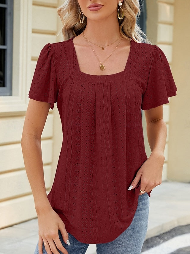 Women's Blouse Eyelet Solid Color Stylish Casual Short