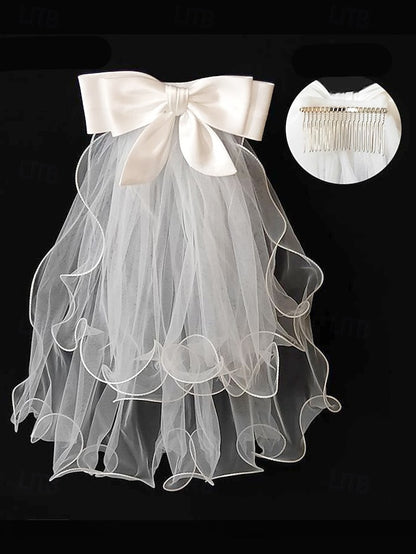 Ivory Ribbon Soft Bridal Satin Tulle and with Elegant Veil -