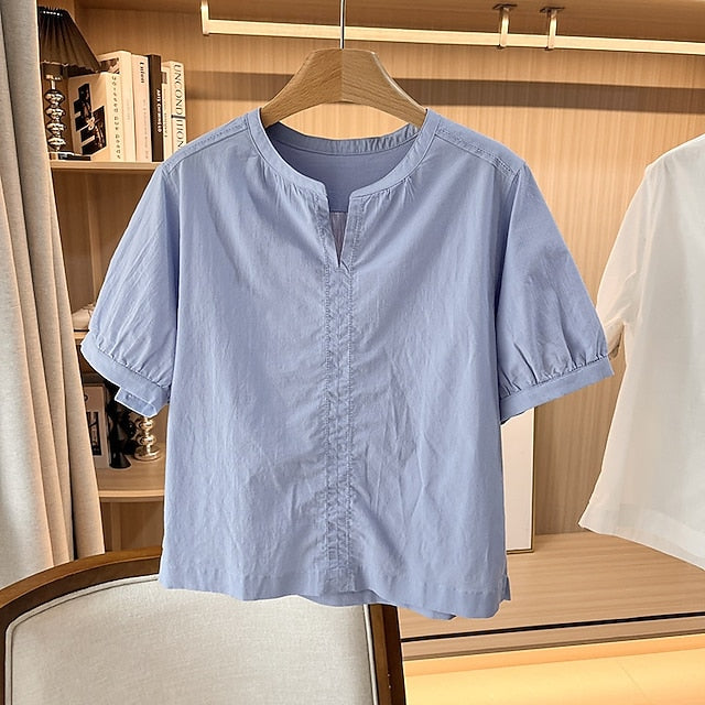 Women's Cotton Linen Shirts Blouse Ruched Patchwork Plain