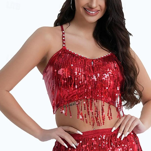 Belly Dance Top Glitter Tassel Pure Color Women's