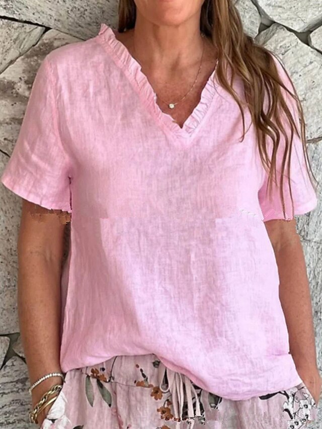 Women's Cotton Linen Blouse Solid Color Elegant Casual