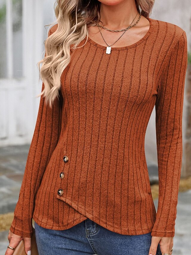 Women's T Shirt Buttons Solid Color Casual Long Sleeve Crew