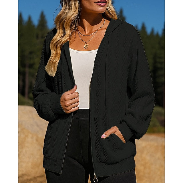 Women's Fullzipper Jacket Hooded Sweatshirt Pocket Long
