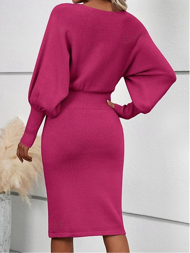 Women's Sweater Dress Casual Soft Pure Color Ribbed Crew
